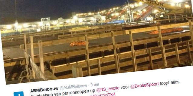 ABMBelbouw ‏@ABMBelbouw 9 uur9 uur geleden Bij plaatsen van perronkappen op @NS_zwolle voor @ZwolleSpoort loopt alles volgens planning.