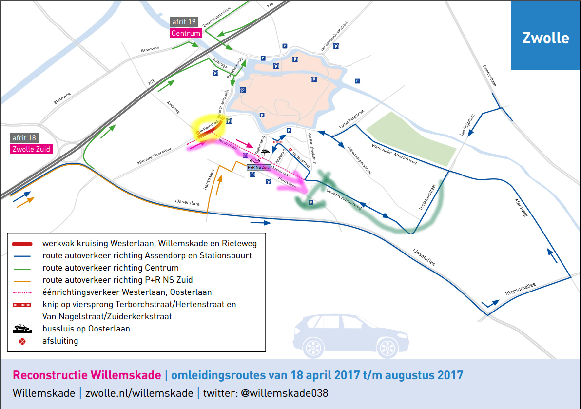 Geel gearceerd is helemaal dicht tot eind augustus. De roze pijl geeft éénrichtingsverkeer aan. De groene pijl is de Van Karnebeektunel. Hiermee kun je vanaf de Boni kant onder het spoor door.