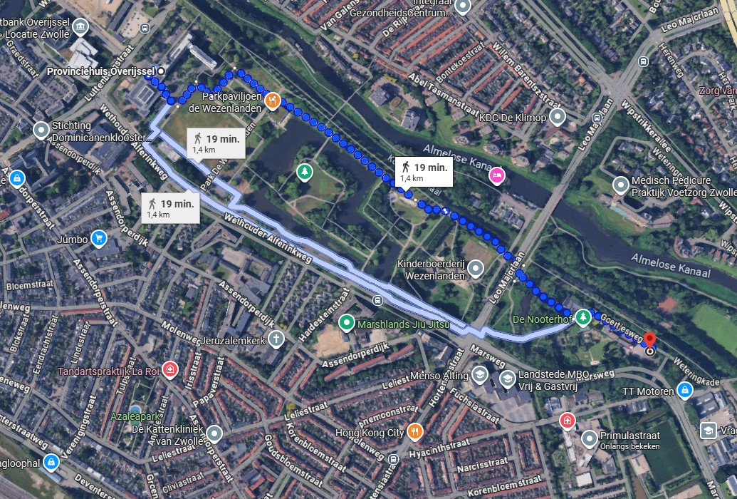 De Nooterhof route is 19 minuten lopen zonder drukke wegen te moeten oversteken - Google maps screenshot