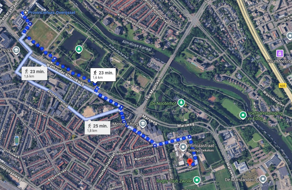 De Vogellanden route is 23 minuten waarbij 2 drukke verkeerswegen moeten worden overgestoken. Screenshot Google Maps