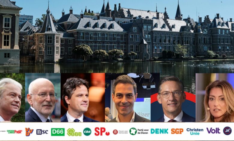 Partijleiders van de belangrijkste politieke partijen bij de Tweede Kamerverkiezingen van 2025. De eerste exitpoll geeft een voorlopig beeld van de nieuwe machtsverhoudingen in de Kamer. (Beeld: samenstelling / RTV Focus Zwolle)
