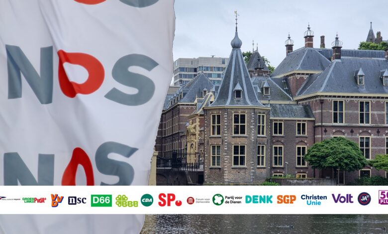 Vanavond live: zo laat brengt de NOS de exitpoll en de eerste verkiezingsuitslagen - Foto Binnenhof © RTV Focus Zwolle - NOS vlag R/DV/RS Flickr CC - Bewerking logo's RTV Focus Zwolle