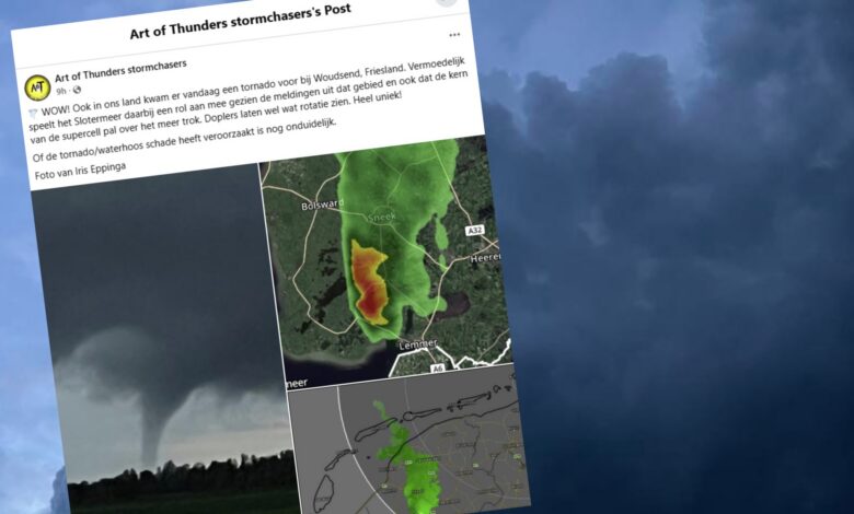 Een zeldzaam natuurverschijnsel boven Friesland: een indrukwekkende waterhoos trekt over het Prinses Margrietkanaal bij Woudsend. Inzet Art's of Thunder