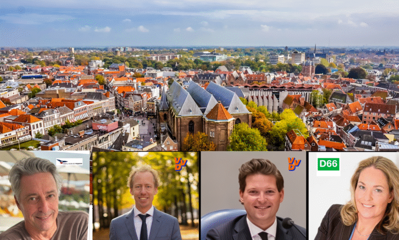 De vier Zwolse kandidaten die op basis van de voorlopige zetelverdeling naar de Tweede Kamer gaan: Edgar Mulder (PVV), Arend Kisteman (VVD), Thom van Campen (VVD), en Renilde Huizenga (D66). - Bewerking RTV Focus. Foto's LinkedIn en Shutterstock