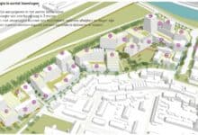 Vogelvlucht van het stedenbouwkundig plan aan de Meeuwenlaan met aanduiding van bouwhoogtes en bouwlagen per woonblok.