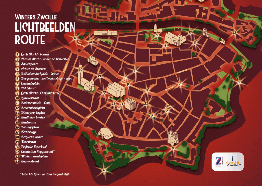 Plattegrond van de Lichtbeeldenroute Zwolle 2025 met alle 23 lichtobjecten en hun locaties in de binnenstad.