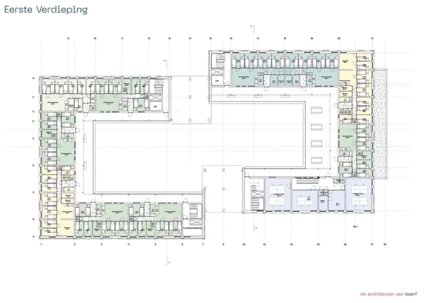 Plattegrond van de eerste verdieping van het geplande azc in De Tippe Zwolle.